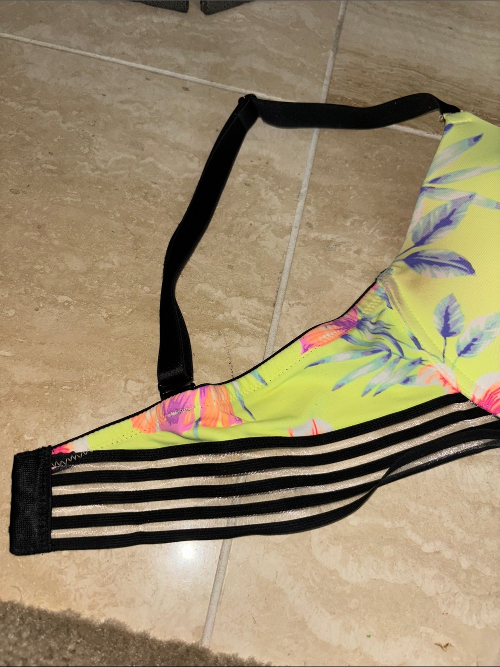 PINK Victoria's Secret Neon Yellow Floral Padded Bra with Black Straps - Picture 2 of 5